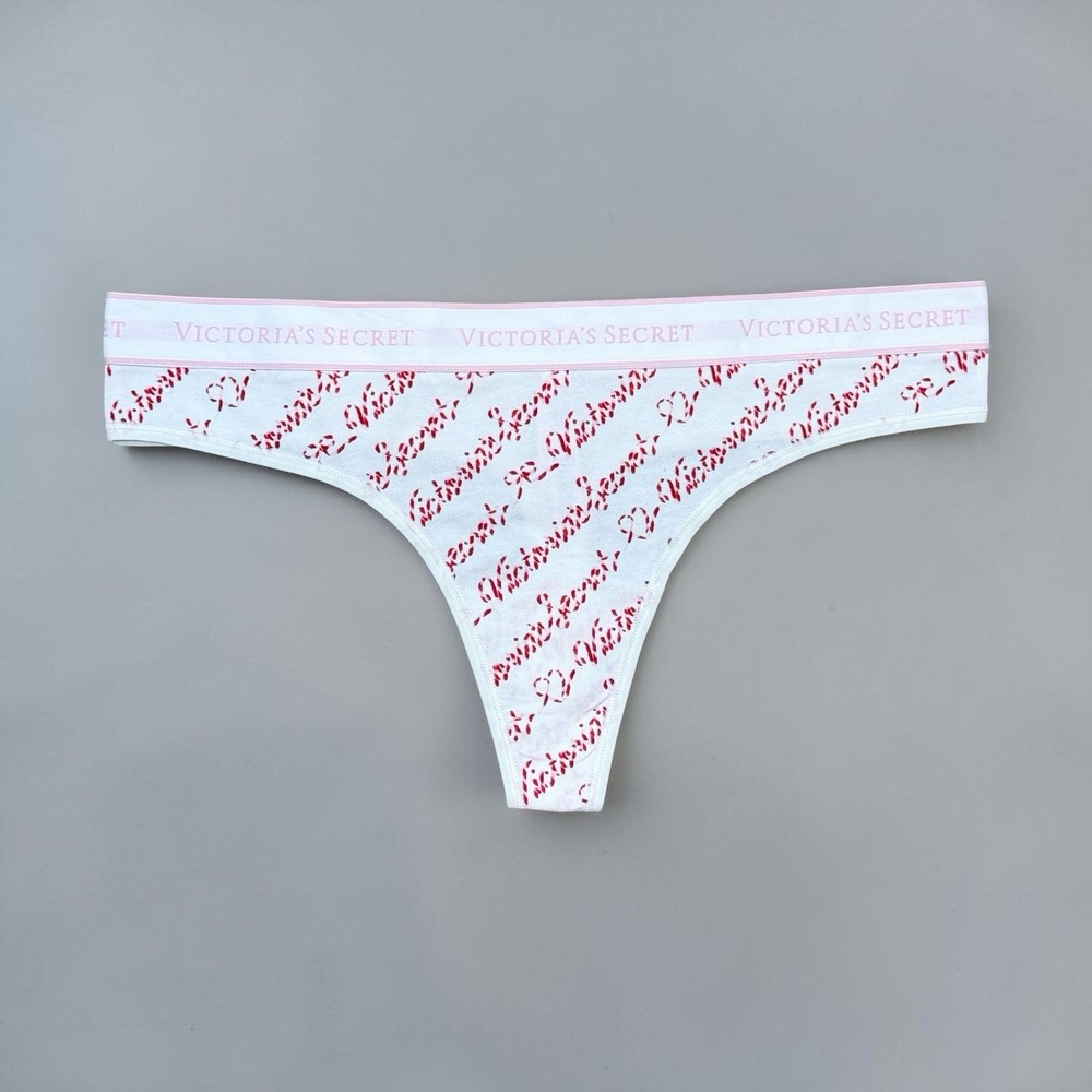 Victoria's Secret Womens XL White Pink Logo Thong Panties Holiday Candy Cane NWT